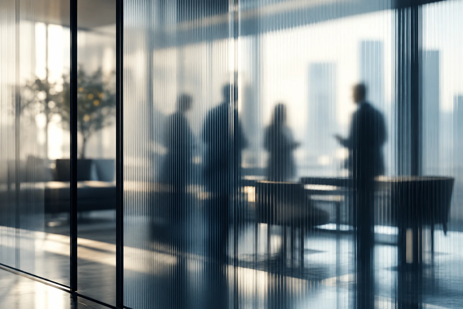 Abstract, softly blurred figures in conversation behind textured glass